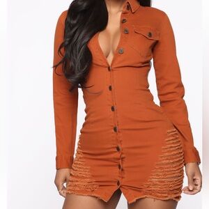 Fashion Nova Button Down Distressed Rust Denim Mini Dress - Size S